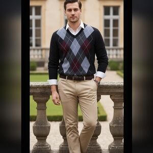 Club Room Mens 52% Merino Wool  Black, Gray and Burgundy Argyle V-Neck Sweater,